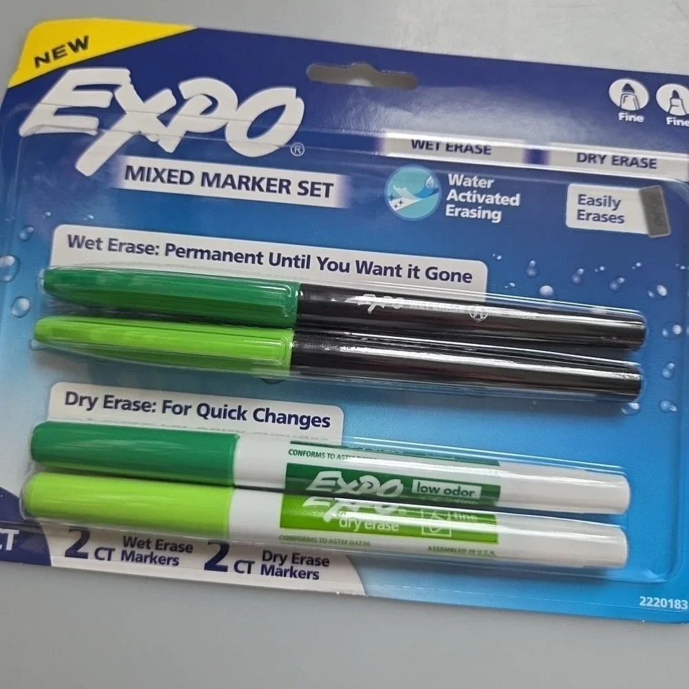 Expo 4ct Fine Mixed 2 Dry‎ / 2 Wet Erase Marker Assorted Green, NEW
